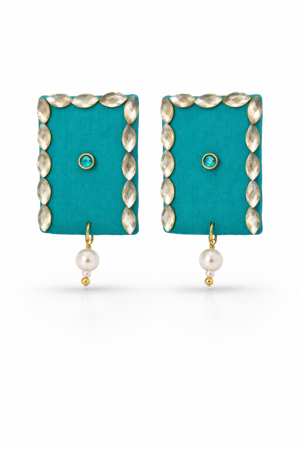 Teal Fabric Crystal Stud Earrings with Pearl Drop