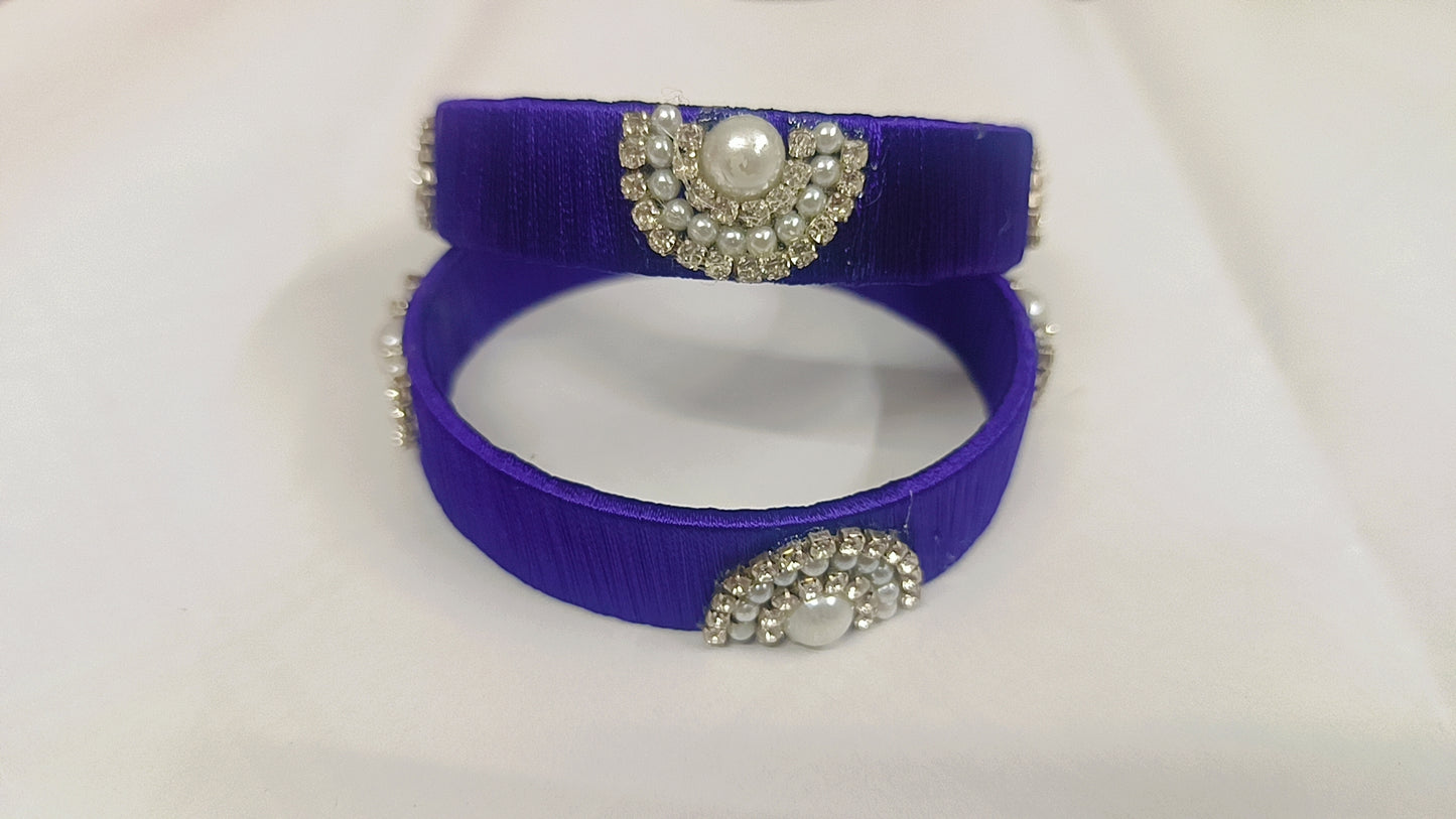 Royal Blue Pearl & Crystal Silk Thread Bangles