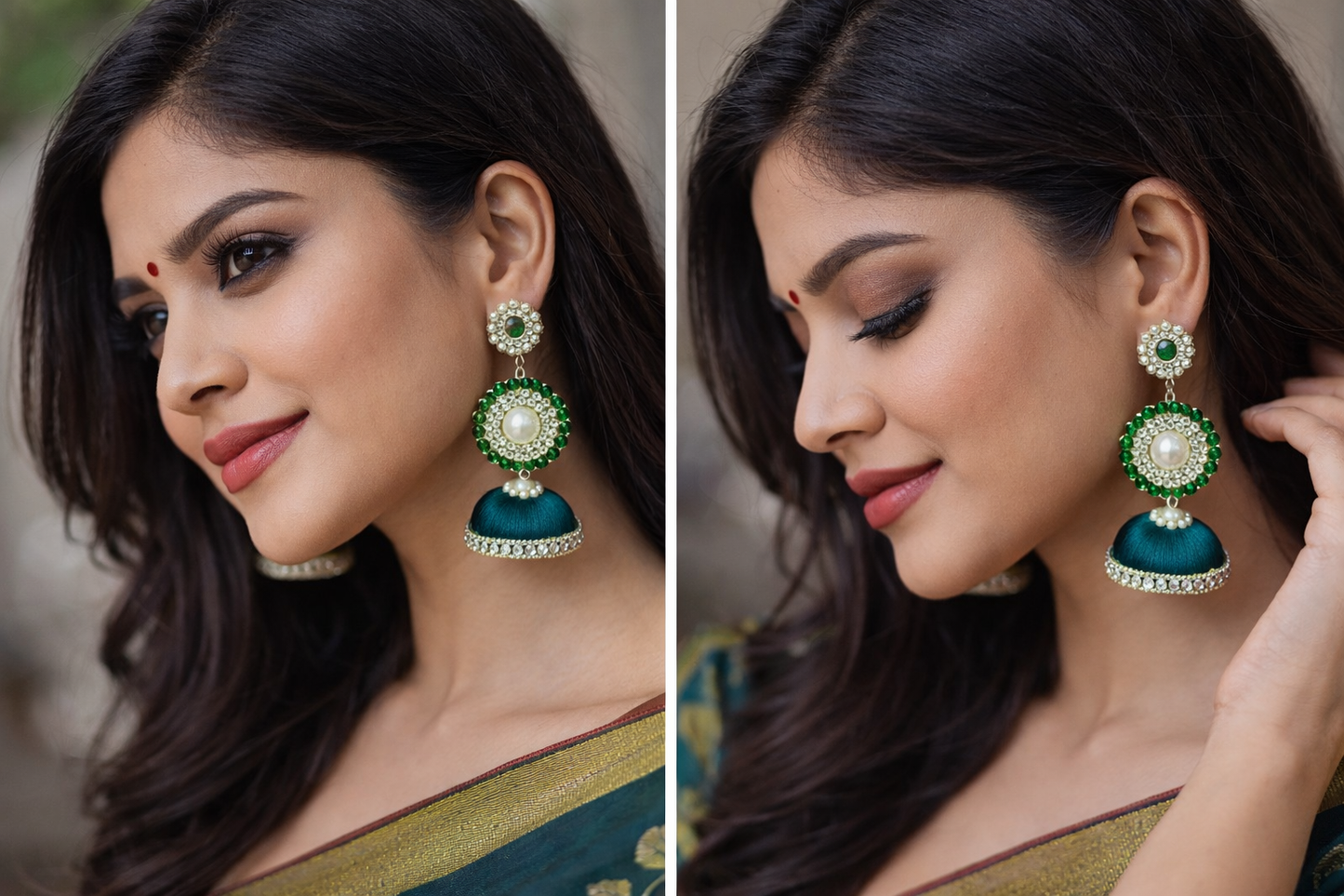 Emerald Green Pearl & Stone Jhumka Earrings – Elegant Ethnic Wear