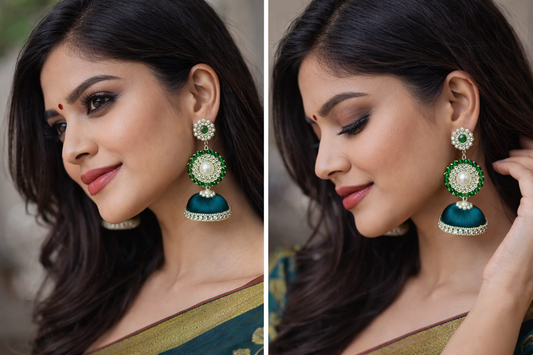 Emerald Green Pearl & Stone Jhumka Earrings – Elegant Ethnic Wear