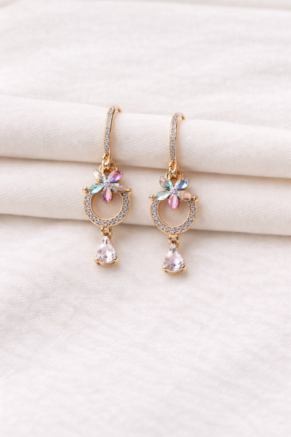 Pastel Floral Crystal Drop Earrings – Gold Finish (Anti-Tarnish)