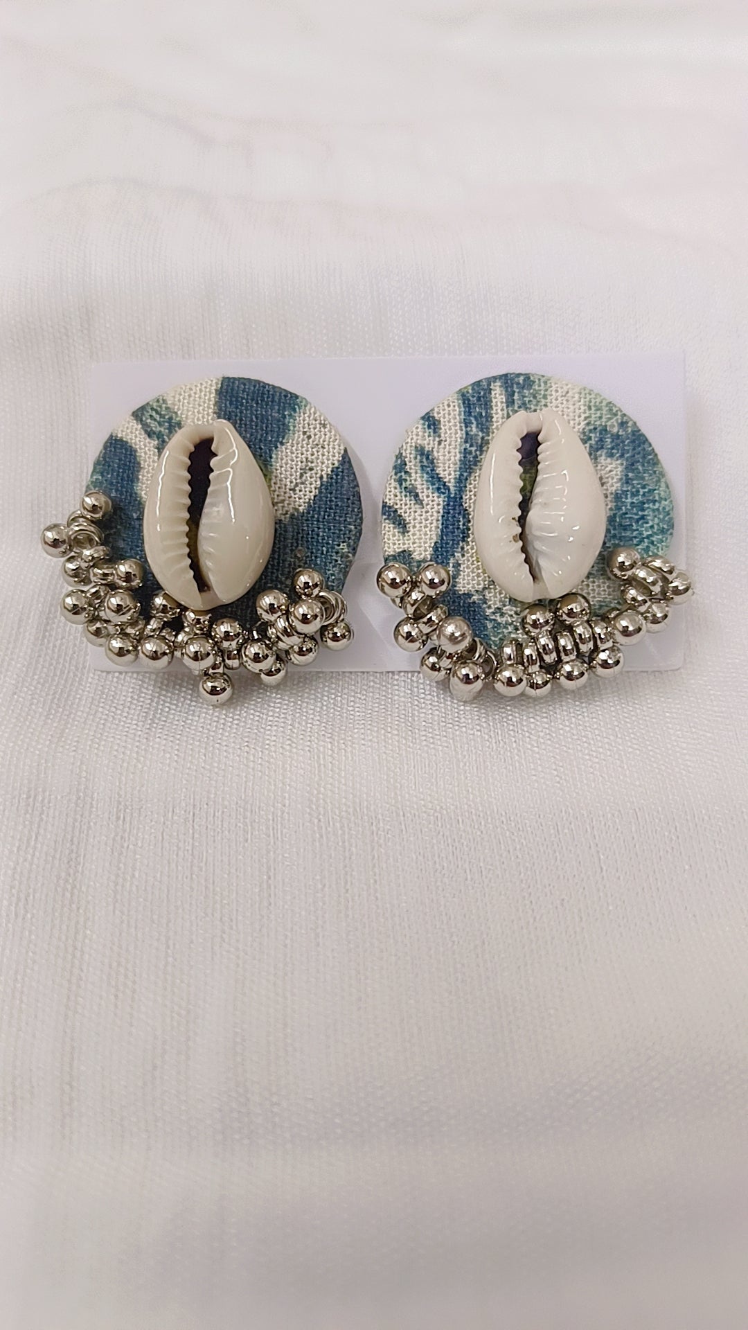 Cowrie Shell Fabric Stud Earrings with Silver Bead Fringe – Boho Beach Style,Square and Round shape