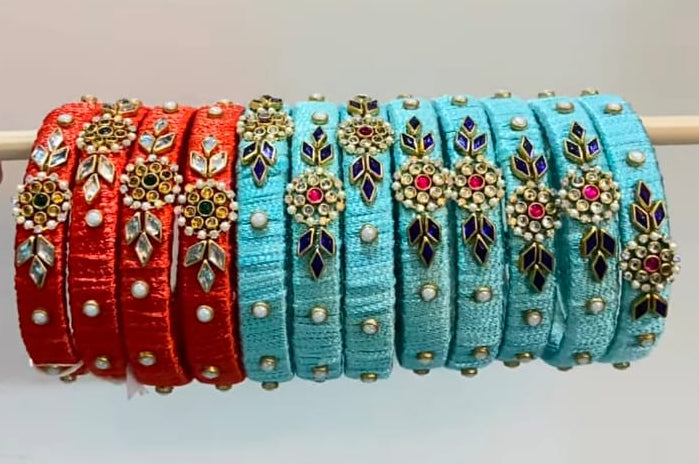 Handcrafted Fabric Bangles – Orange & Mint Blue