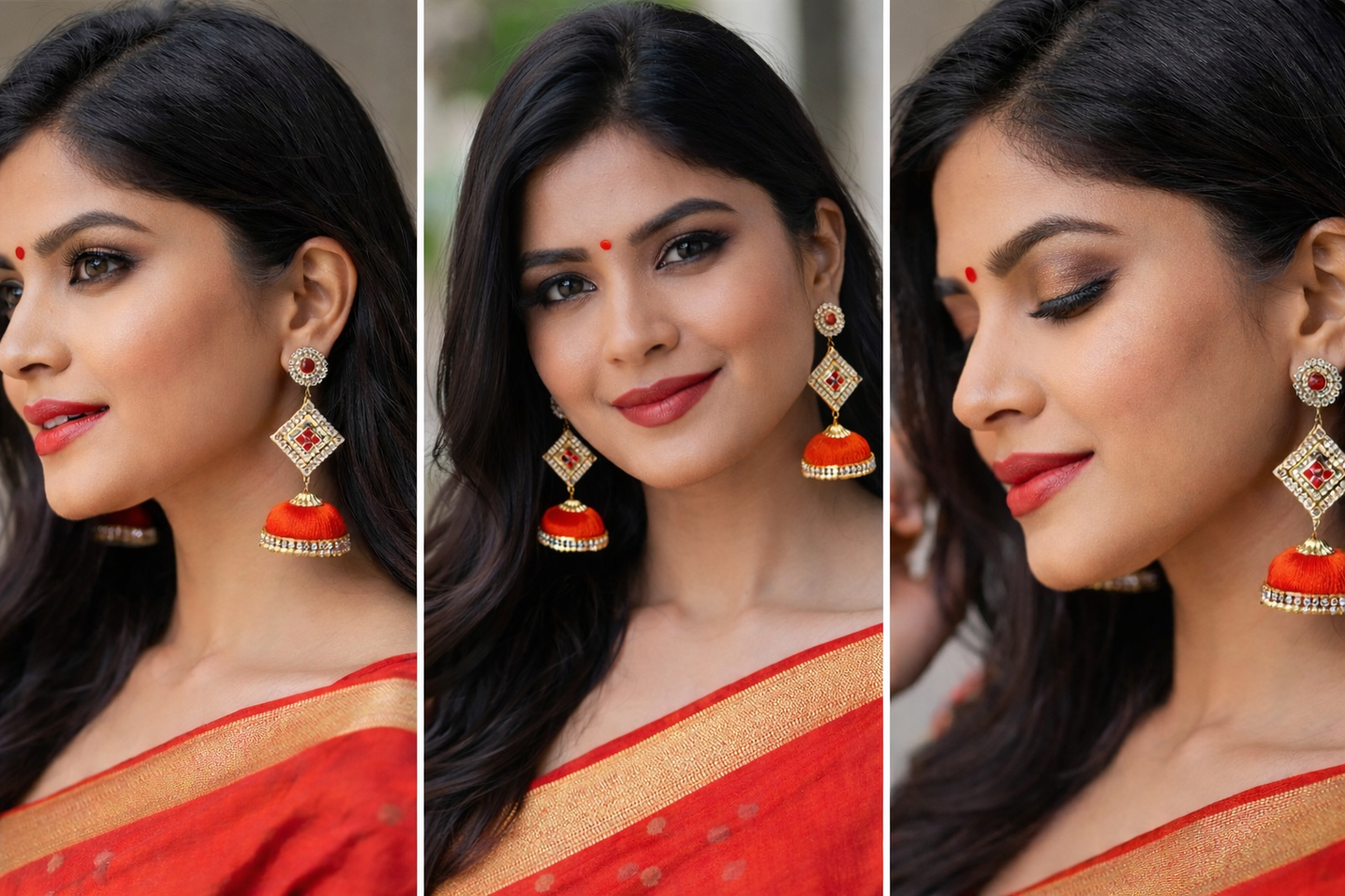 Red Silk Thread Jhumka Earrings with kundan Stone – Elegant Ethnic Charm