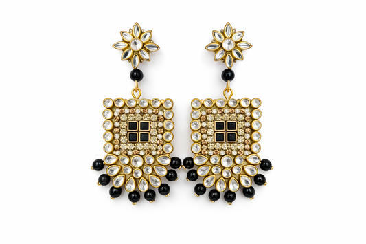 Black & Gold Kundan Square Drop Earrings