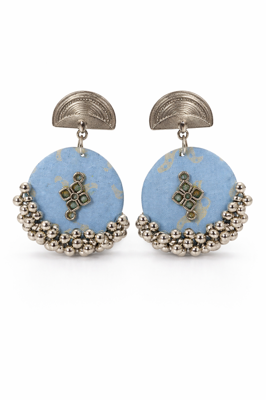 Blue Fabric Silver Drop Earrings