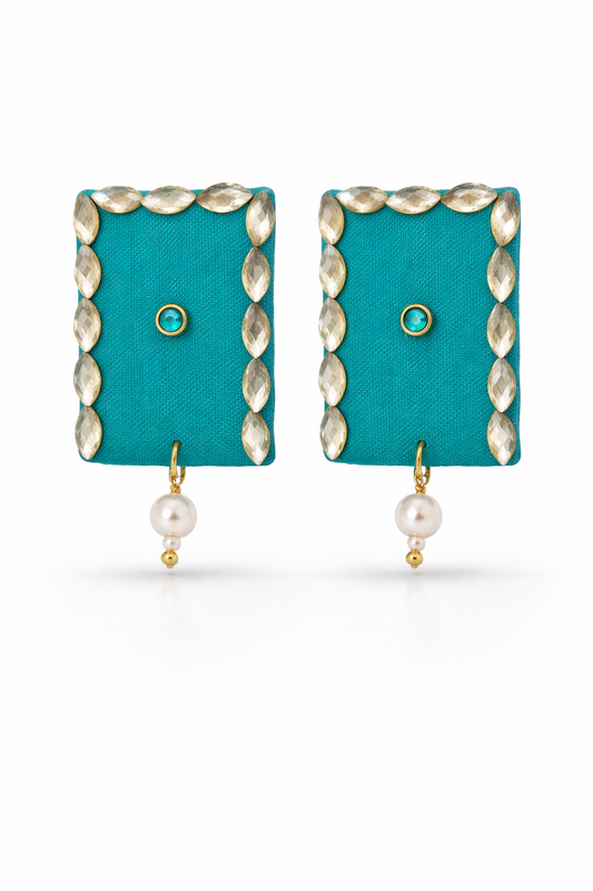 Teal Fabric Crystal Stud Earrings with Pearl Drop