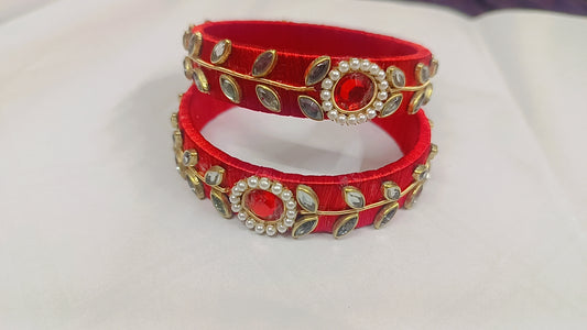 Red Silk Thread Kundan Pearl Statement Bangles