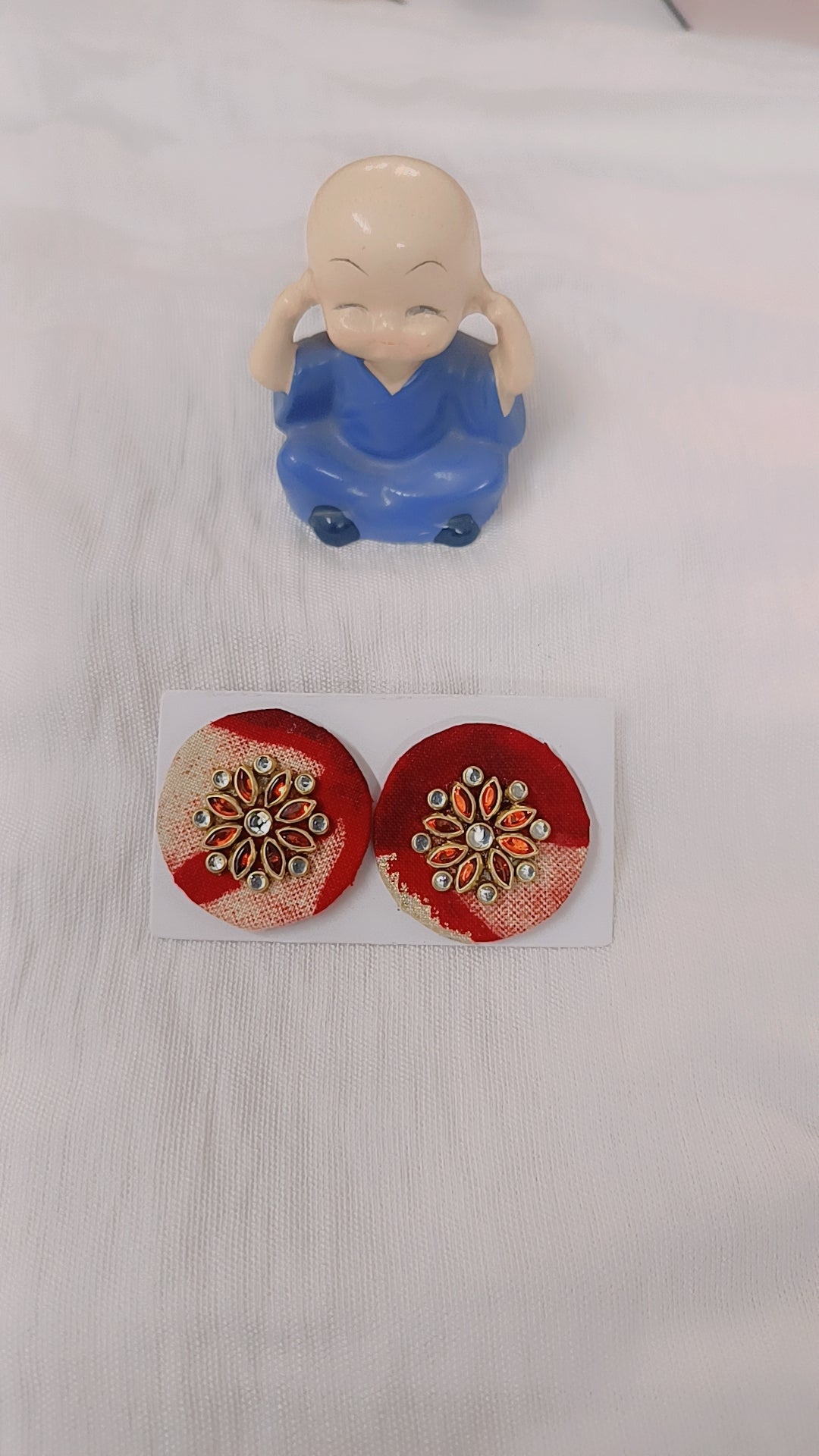 Red & Gold Round Fabric Stud Earrings with Kundan Work – Festive Ethnic Style