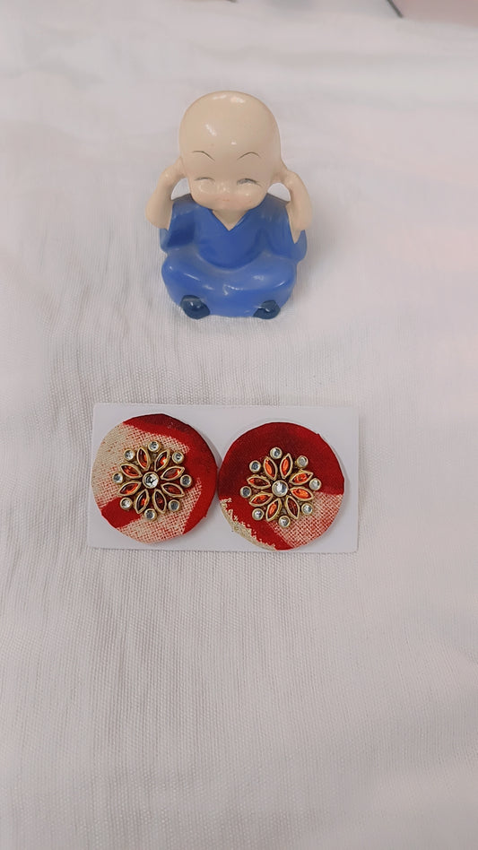Red & Gold Round Fabric Stud Earrings with Kundan Work – Festive Ethnic Style