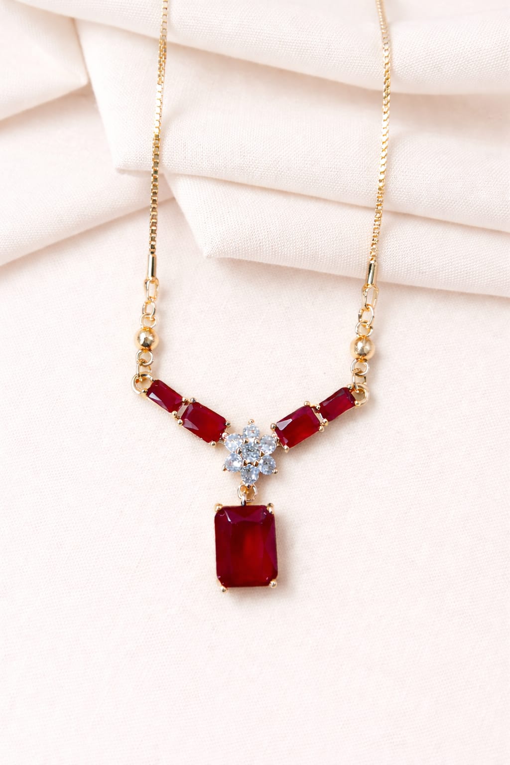 Ruby Red Crystal Pendant Necklace – Gold Finish (Anti-Tarnish