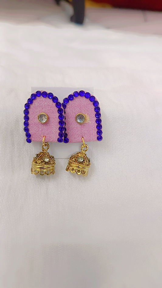 Pink Fabric Stud Earrings with Blue Stones & Mini Jhumka – Trendy Ethnic Fusion