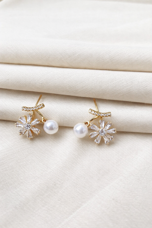 Crystal Floral Pearl Drop Earrings – Gold Finish (Anti-Tarnish)