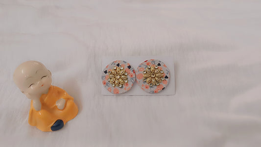 Floral Fabric Round Stud Earrings with Kundan Center – Cute Ethnic Fusion