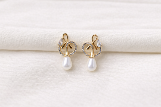 Crystal Knot Pearl Drop Earrings – Gold Finish (Anti-Tarnish)
