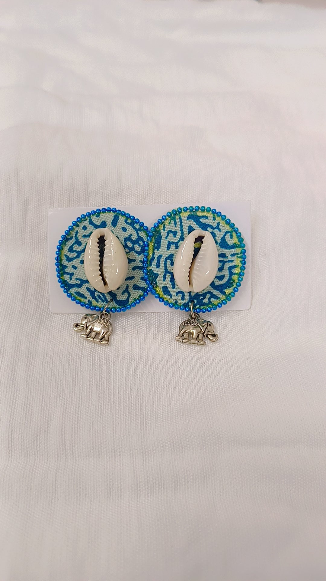 Cowrie Shell Round Fabric Earrings with Elephant Charm – Boho Ethnic Style
