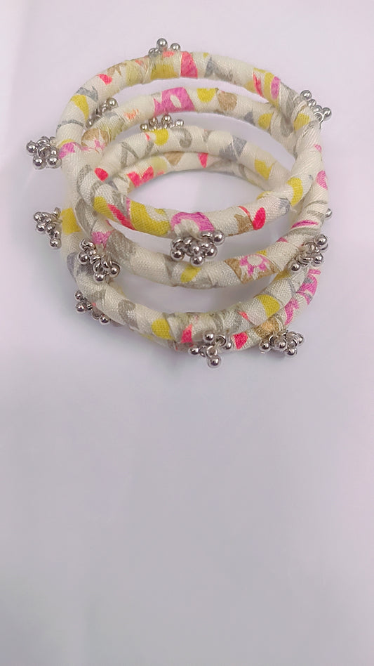 Floral Fabric Ghungroo Bangles Set (4 Pieces)