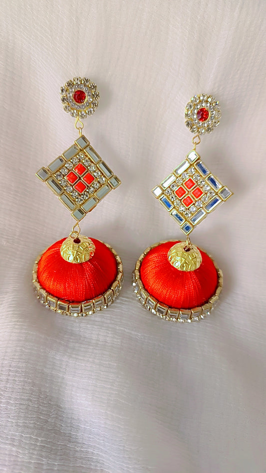 Red Silk Thread Jhumka Earrings with kundan Stone – Elegant Ethnic Charm