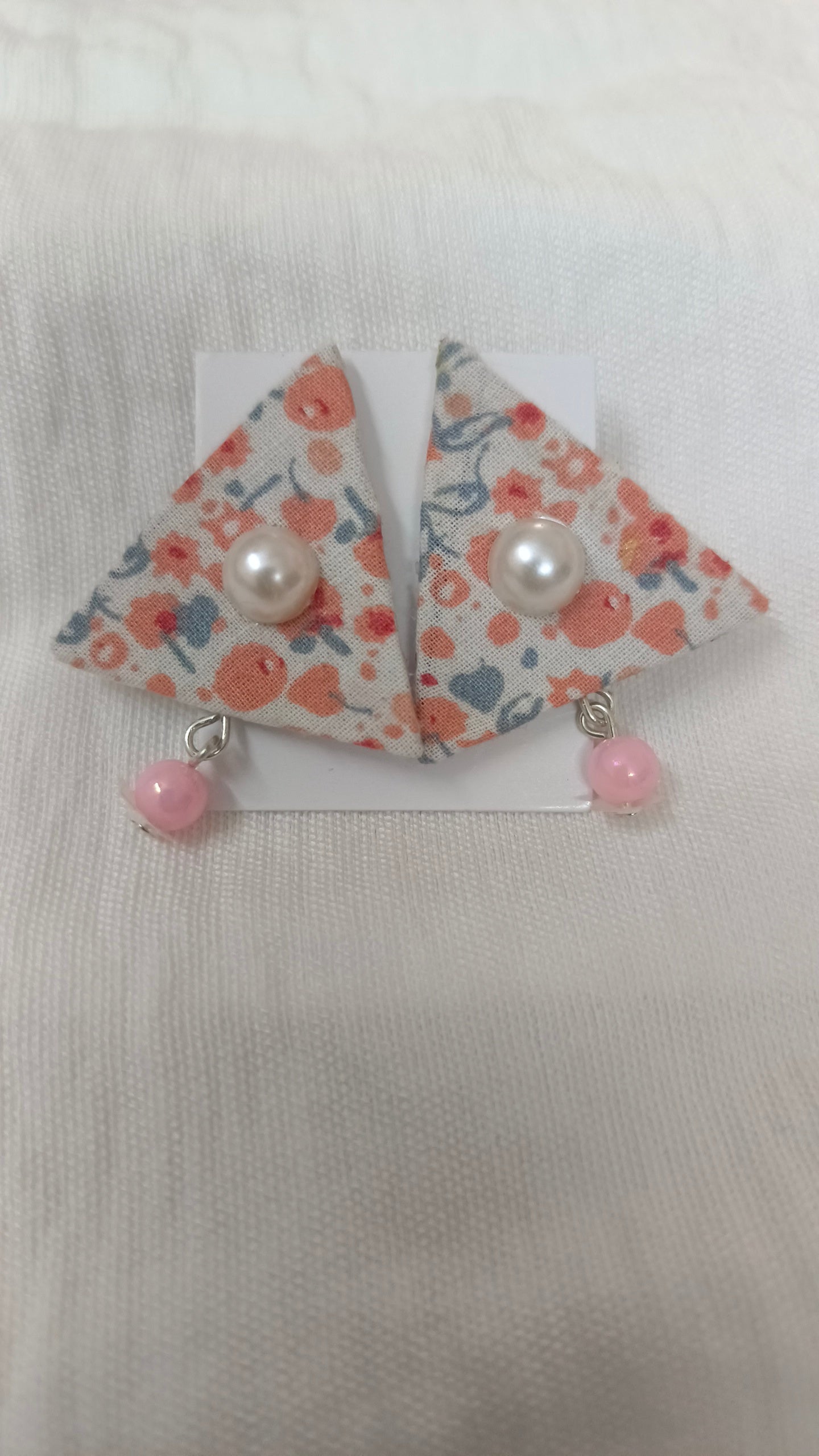 Floral Fabric Triangle Stud Earrings with Pearl & Pink Bead – Cute Casual Wear