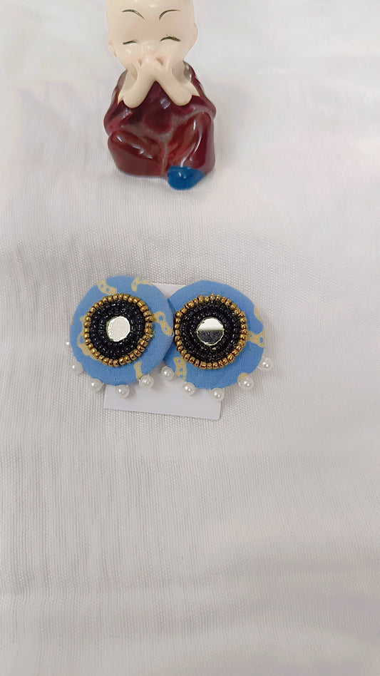 Blue Fabric Mirror Stud Earrings with Pearls – Handcrafted Boho Style