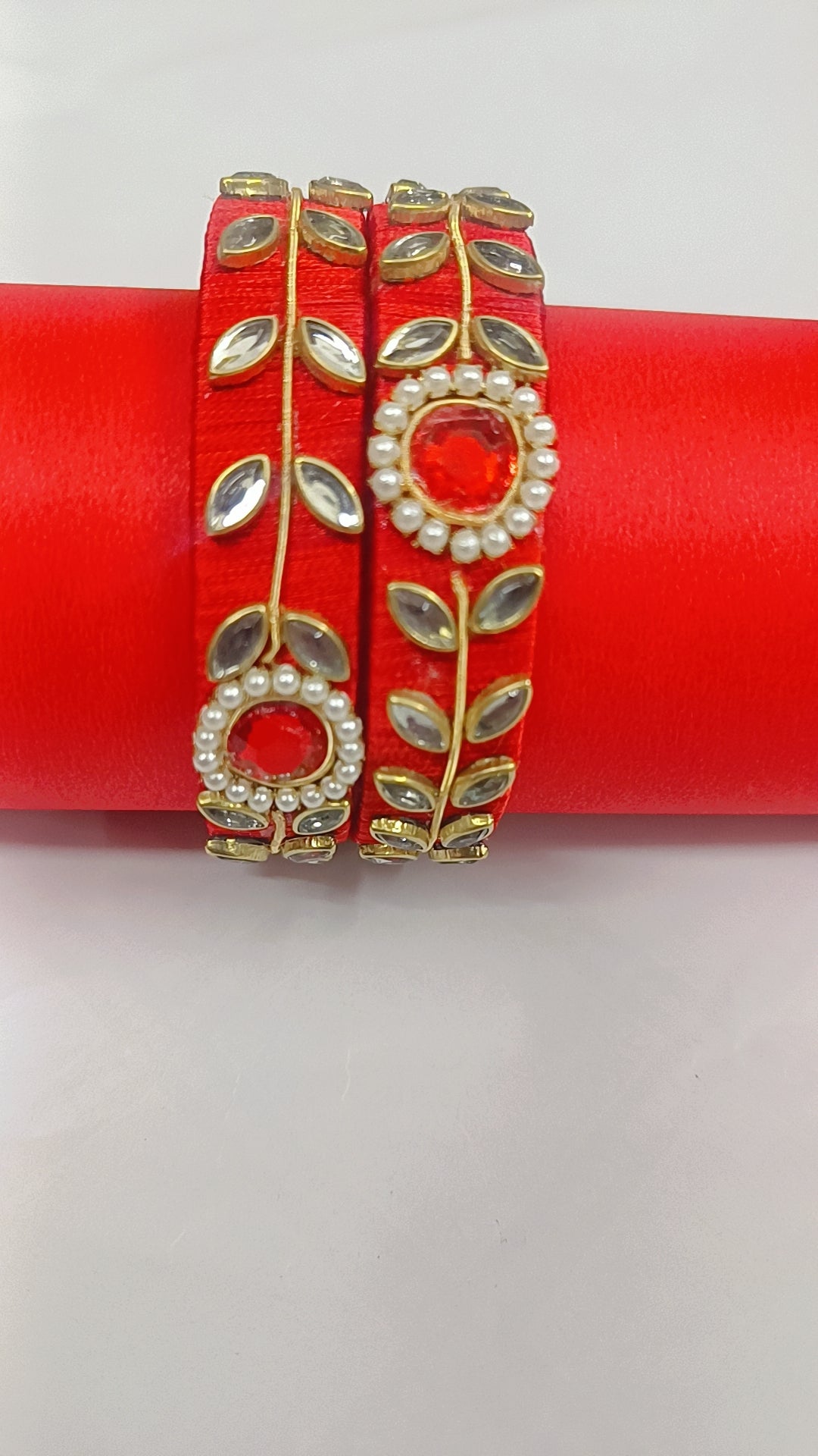 Red Silk Thread Kundan Pearl Statement Bangles
