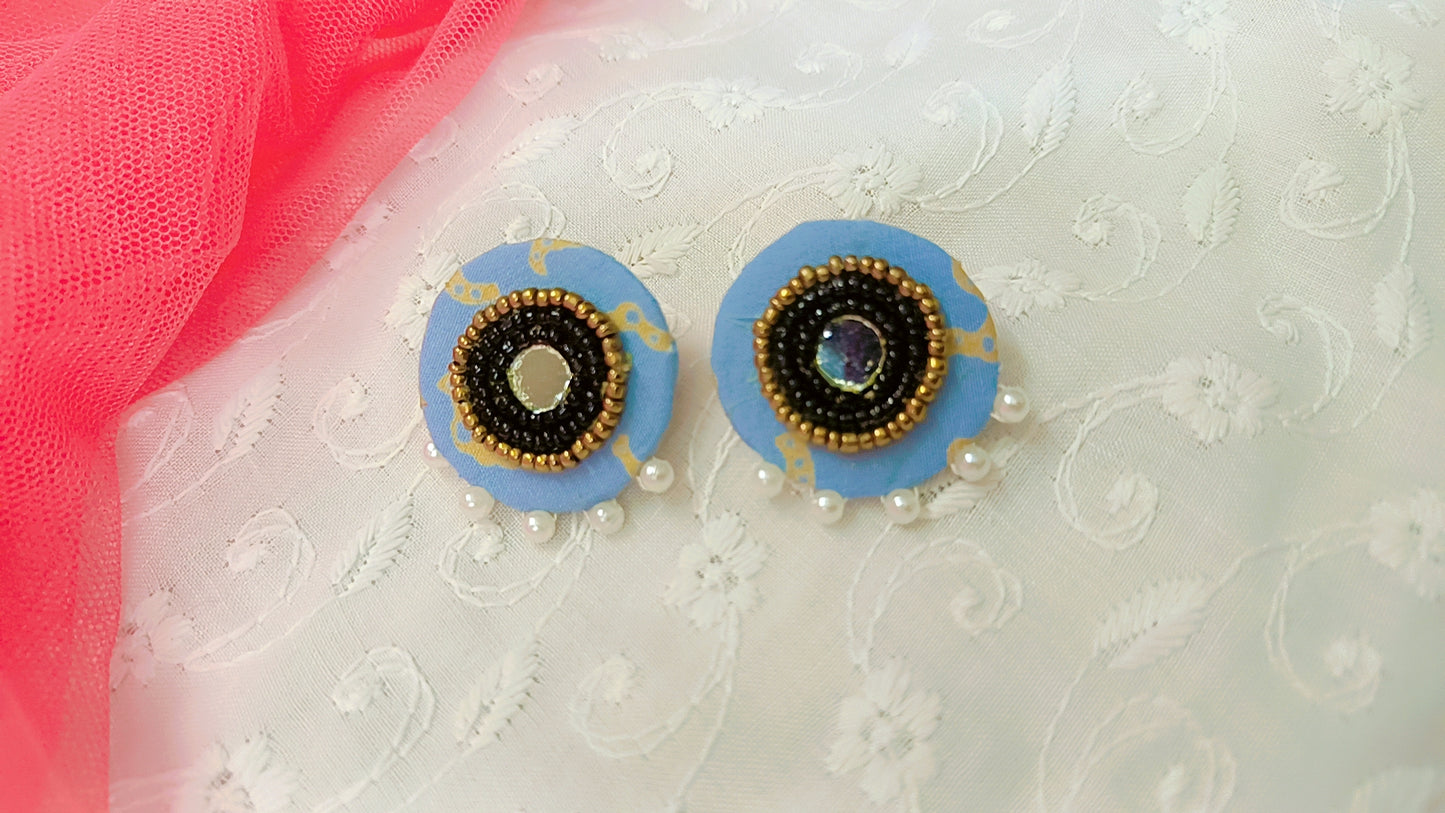 Blue Fabric Mirror Stud Earrings with Pearls – Handcrafted Boho Style
