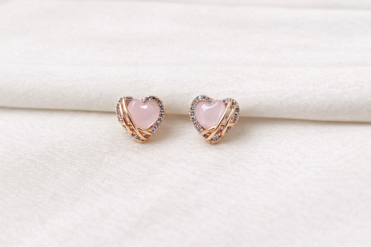 Pink Heart Crystal Stud Earrings – Rose Gold Finish (Anti-Tarnish)