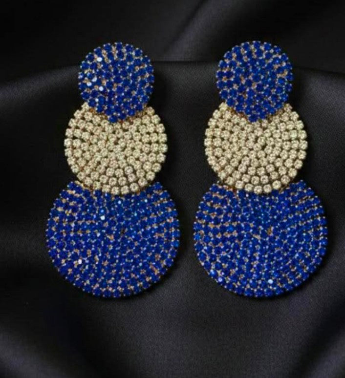 Royal Blue & Crystal Triple Disc Statement Earrings