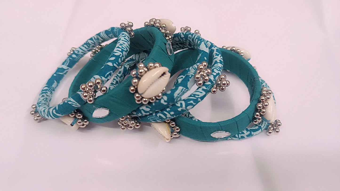 Turquoise Fabric Cowrie Ghungroo Bangles Set