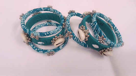 Turquoise Fabric Cowrie Ghungroo Bangles Set