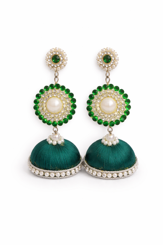 Emerald Green Pearl & Stone Jhumka Earrings – Elegant Ethnic Wear