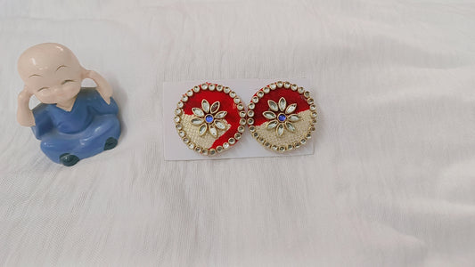 Red & Gold Round Fabric Stud Earrings with Kundan Work – Festive Ethnic Style