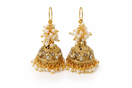 Gold-Tone Pearl & Kundan Jhumka Earrings – Traditional Festive Wear