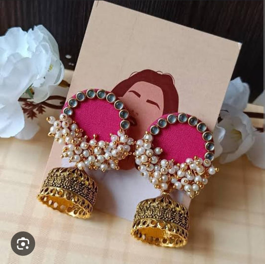 Pink Fabric Pearl Jhumka Earrings