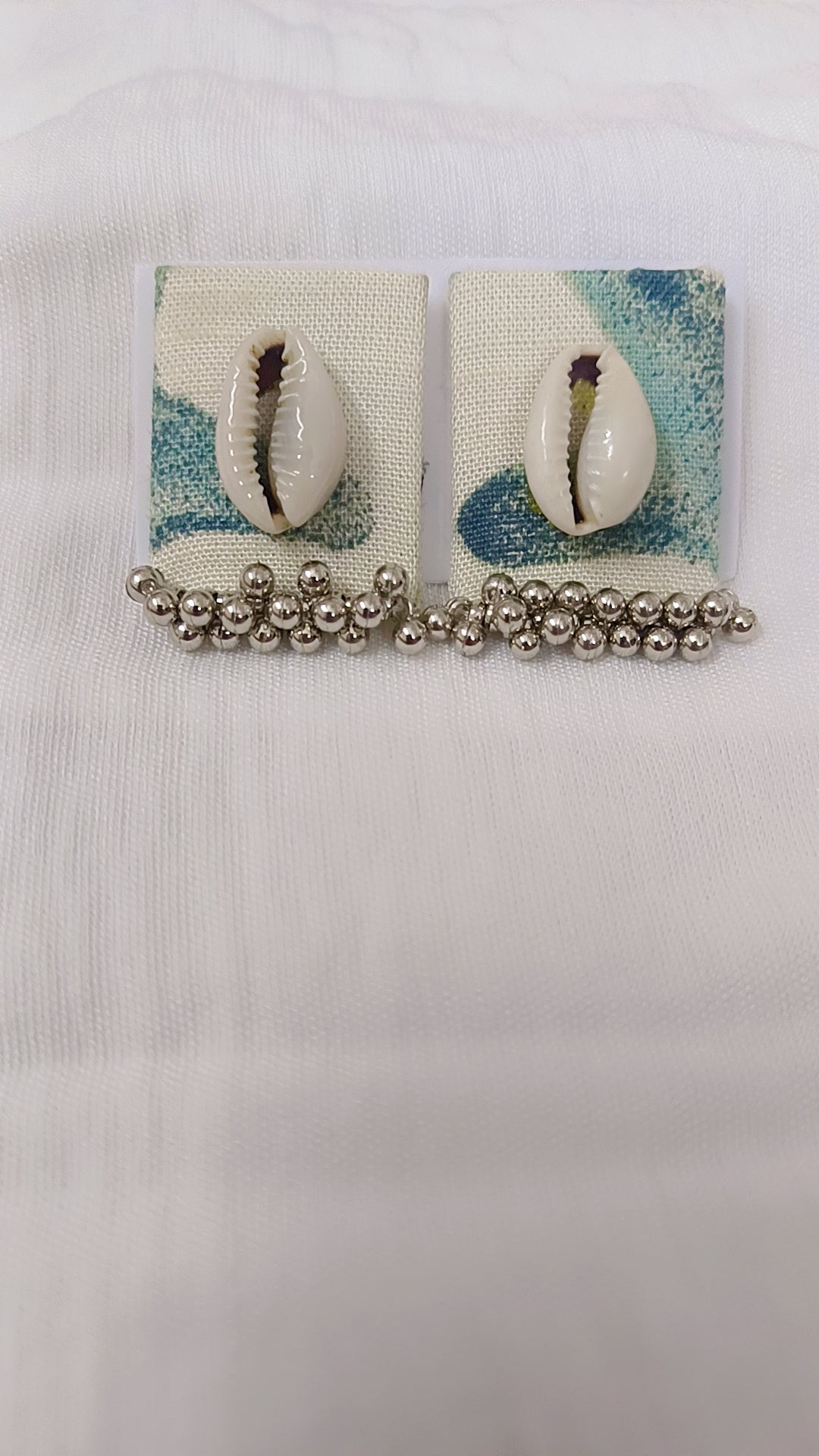 Cowrie Shell Fabric Stud Earrings with Silver Bead Fringe – Boho Beach Style,Square and Round shape