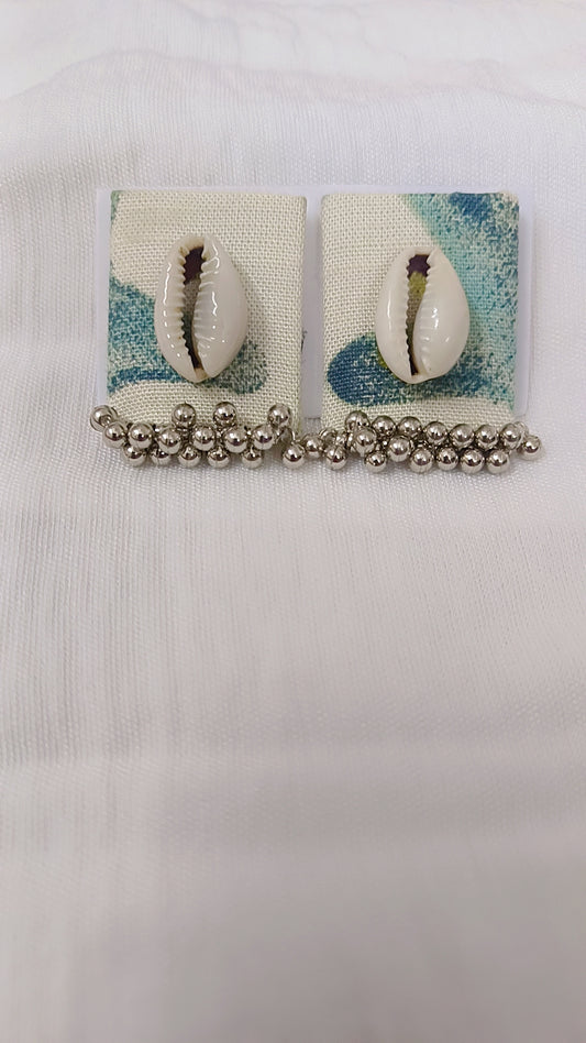 Cowrie Shell Fabric Stud Earrings with Silver Bead Fringe – Boho Beach Style,Square and Round shape
