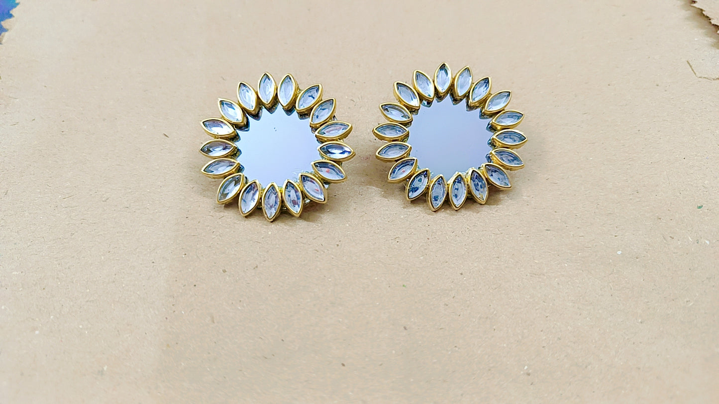Round Mirror Stud Earrings with Kundan Petal Border – Royal Ethnic Elegance