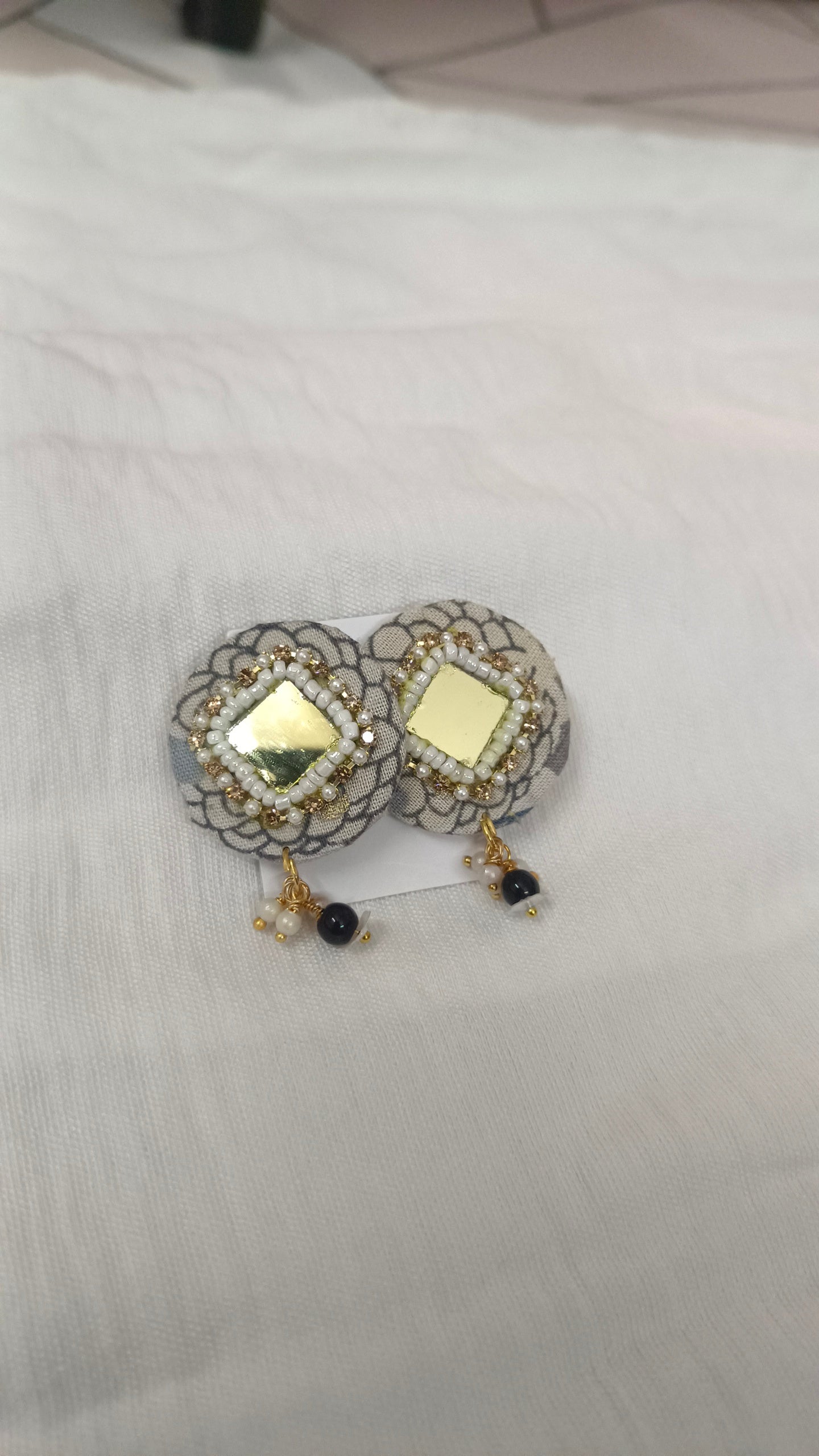 Grey Floral Fabric Mirror Stud Earrings with Bead Drop – Elegant Handcrafted Style
