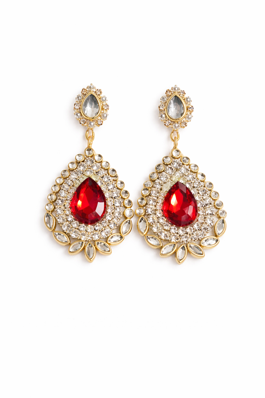 Red Stone & Kundan Teardrop Earrings – Royal Festive Wear