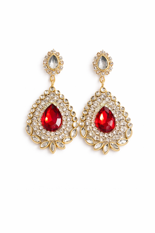 Red Stone & Kundan Teardrop Earrings – Royal Festive Wear