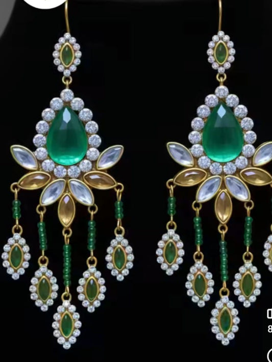 Green Kundan Chandelier Earrings