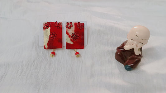 Handcrafted Red Fabric Statement Earrings – Artistic Ethnic Style (2 Pairs)