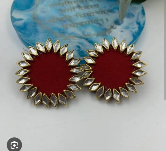 Mehroon Velvet Kundan Sunburst Stud Earrings – Festive Royal Look